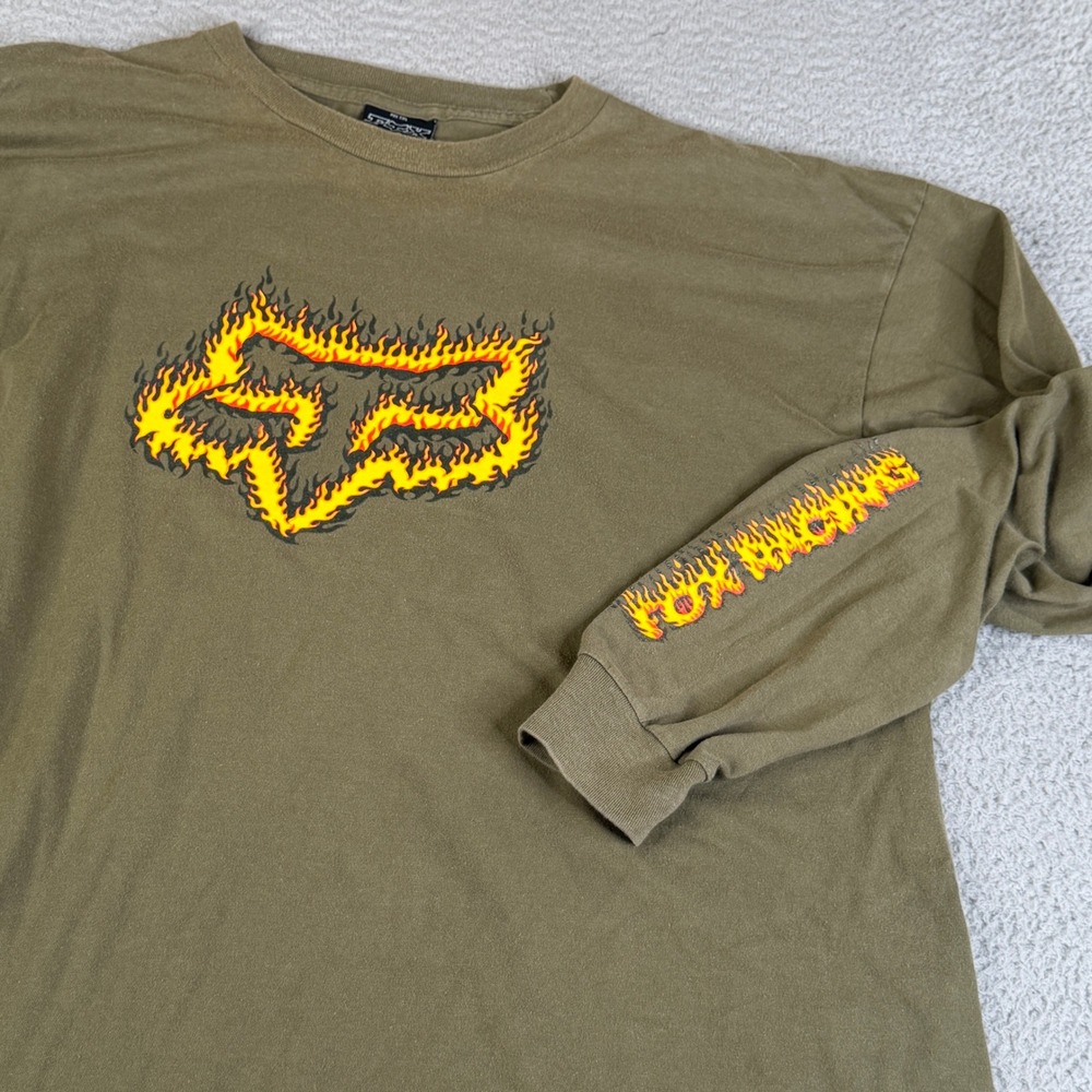 Fox Racing T-Shirt Mens XXL Green Flame Logo Long Sleeve Motocross Streetwear